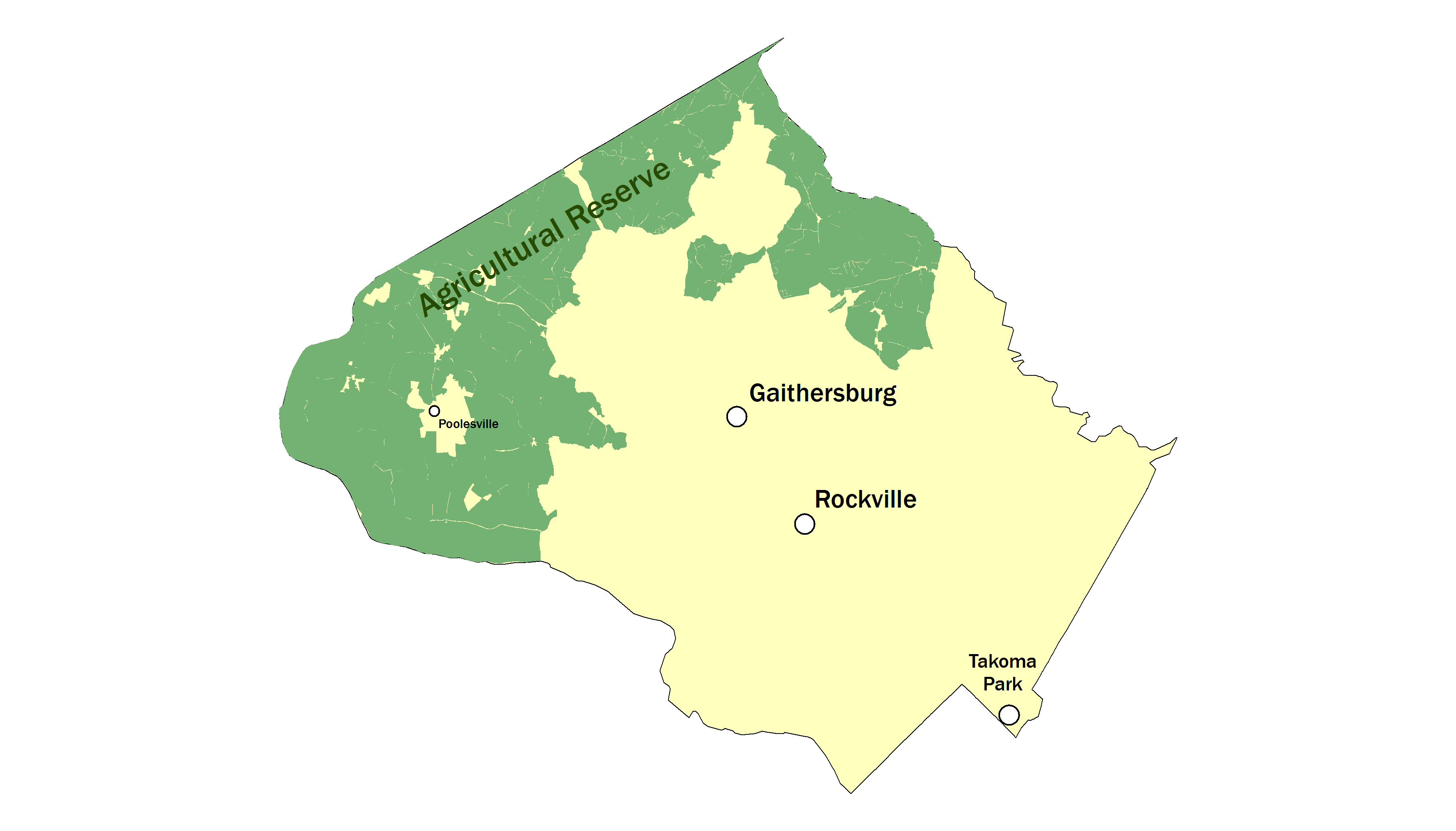 A map of Montgomery County, Maryland. Most of the county is shown in yellow. The cities of Takoma Park, Rockville, and Gaithersburg are labeled in the large yellow area containing all of the southern, eastern, and central parts of the county. The town of Poolsville in the western part of the county is labeled and shown in a small yellow area. The western and northern edges of the county are shown in green with the label "Agricultural Reserve."