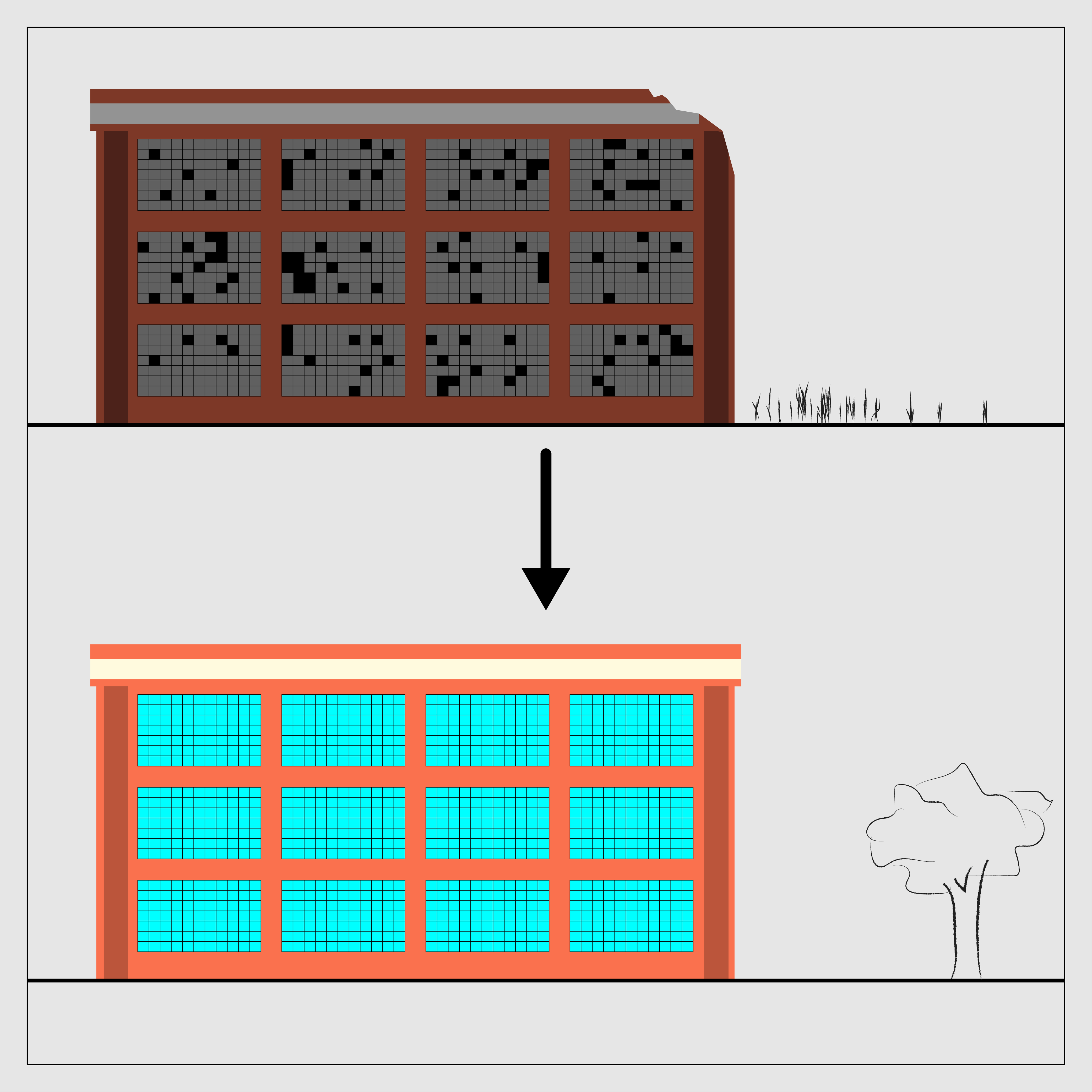 A diagram showing two versions of the same building. At the top: a darkened mill-style building with missing windows, a broken roof, and sparse plant growth around it. An arrow points to an image below where the image has been brightened, the windows replaced, the roof repaired, and a tree growing next the structure.