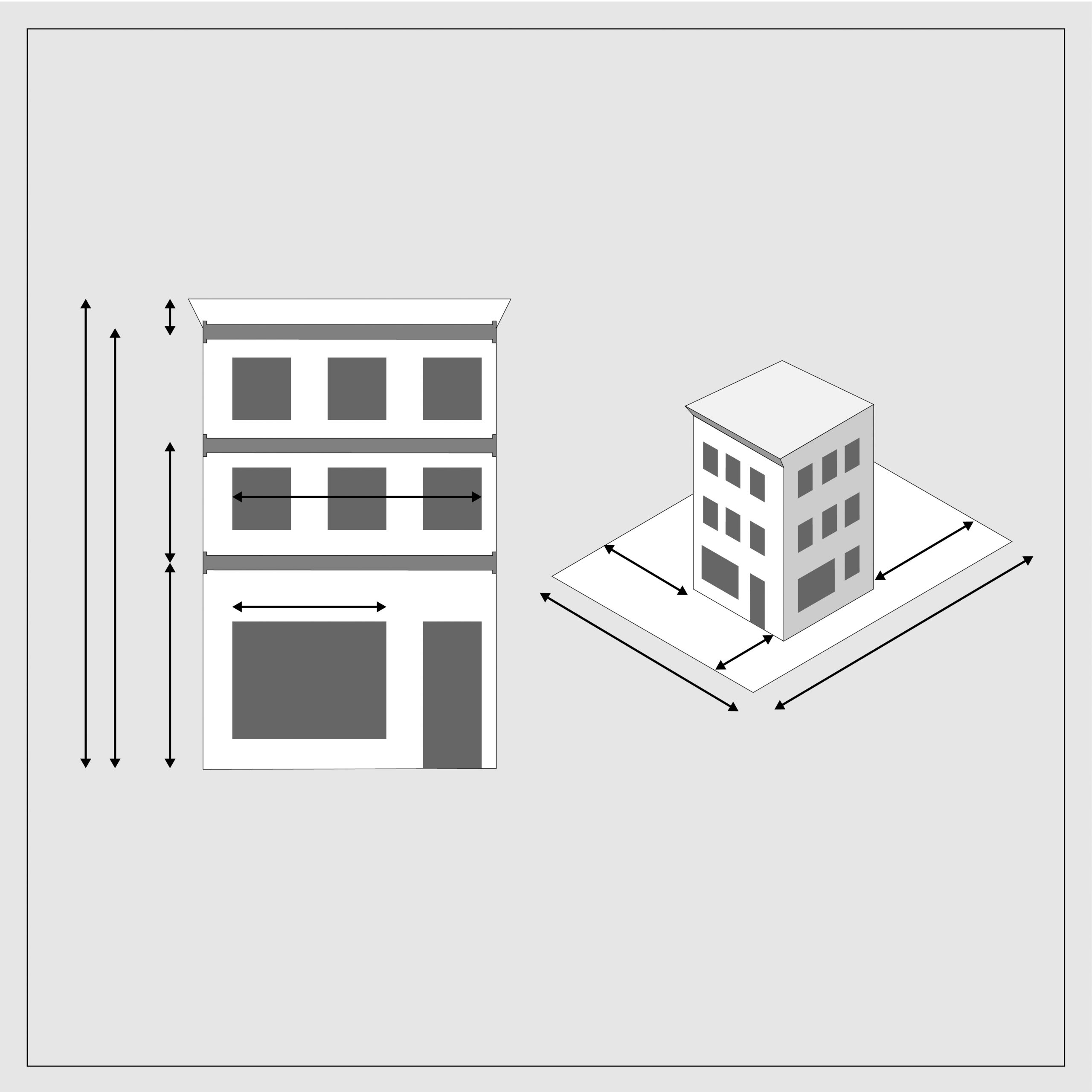 A grayscale diagram of a three-story, mixed-use, traditionally styled building with three columns of windows and a cornice. On the left is a diagram of the front facade, on the right is an axonometric diagram of the building on its land parcel. There are unlabeled arrows implying measurements for total height, total living area height, ground floor height, upper floor heights, cornice heights, ground and upper floor fenestration, setbacks, land widths, parcel depths, etc.